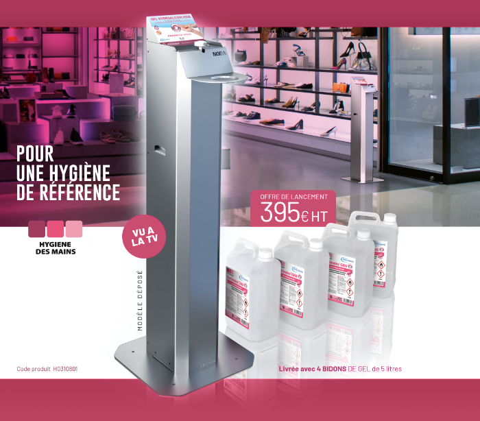 Pour une hygiène de référence (hygiène des mains) OFFRE DE LANCEMENT 395€HT. VU à la TV. Livrée avec 4 bidons de gel de litres. Code produit H0310801. Modèle déposé.